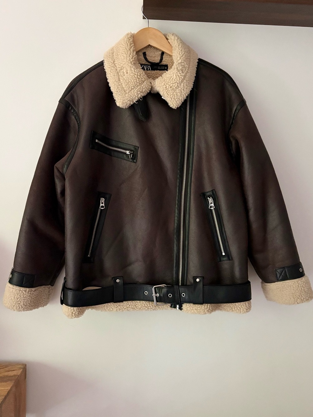 Zara Womens Shearling Aviator Jacket Brown Leather Double-Faced Sherpa Borg